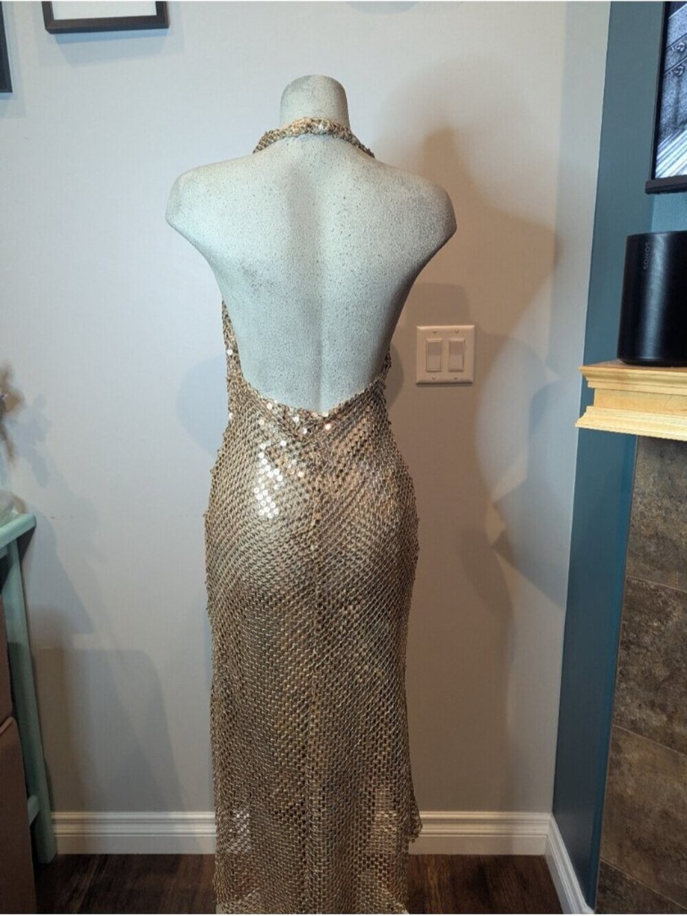 ZARA Gold Sequin Mesh Halter cowl neck open back Midi Maxi Dress EUC Size XS - Picture 9 of 16